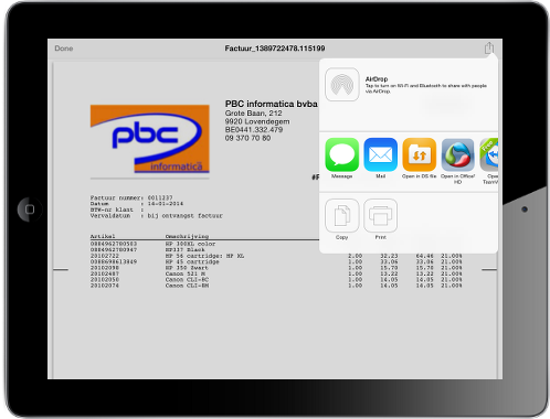 Een verkoopfactuur kan je afdrukken, per mail verzenden of delen in een andere toepassing op je iPad.